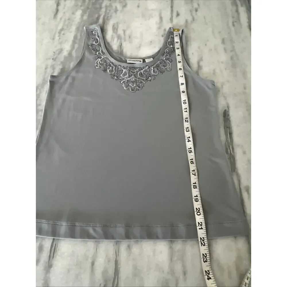 Chico's 0 (Small)Top Tank Top Silver Embellished Neck Wide Straps Dressy Sequins